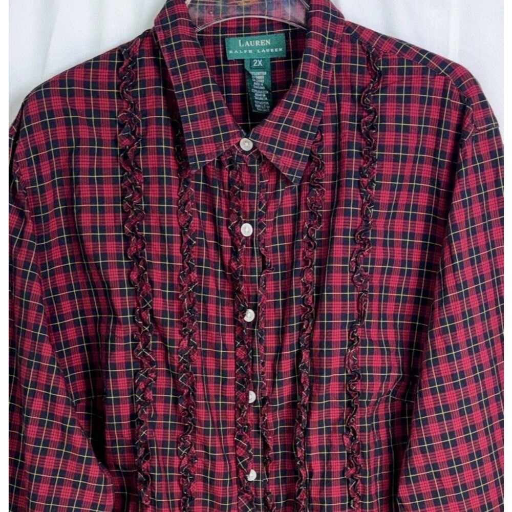 Ralph Lauren Women’s 2X Shirt Blouse Red Black Tartan Plaid Ruffles 100% Cotton